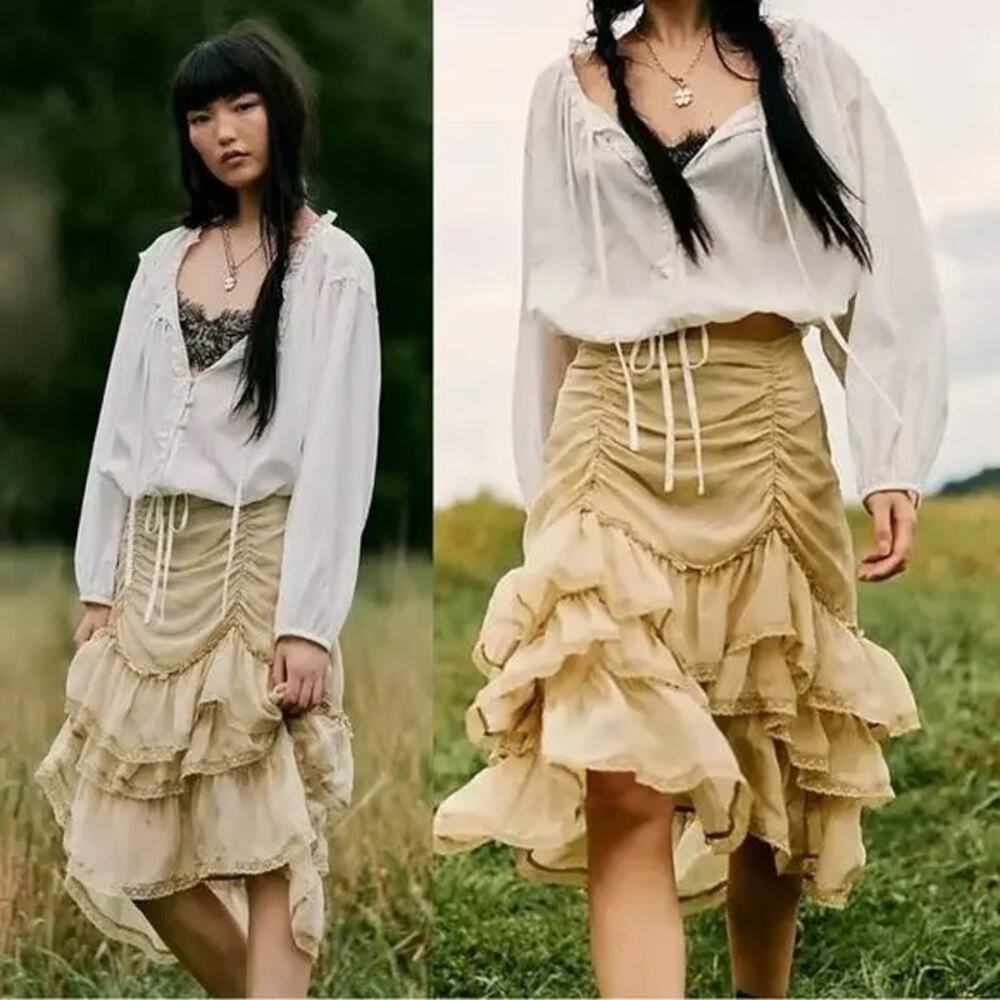 Free People Calliope Ruffle Midi‎ Skirt Tan SMALL NEW Ethereal Western Bohemian
